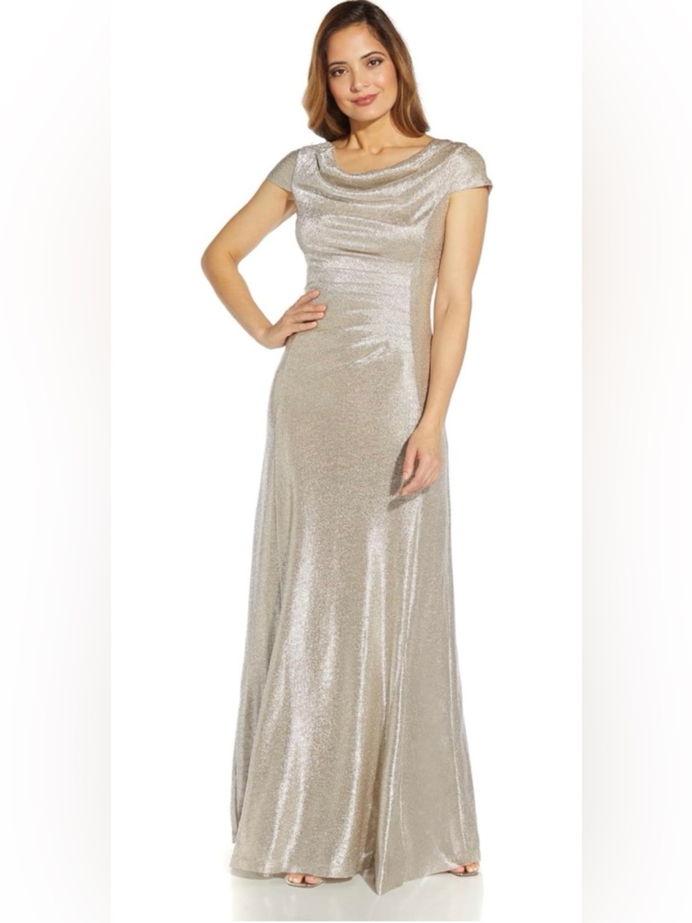 Adrianna Papell Metallic Champagne Floor-Length Cowl Neck Gown